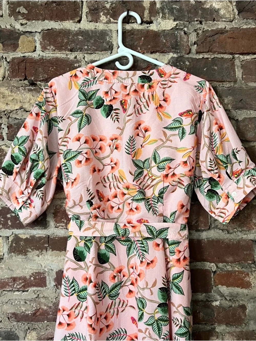 LOFT Peach-Pink Floral Midi Dress with Green Leaf Print - Picture 6 of 8